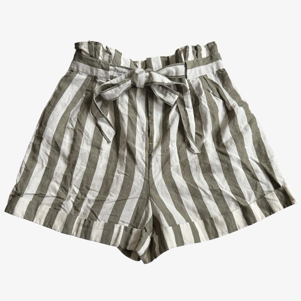 Club Monaco Women's Green White Striped Front Tie Linen Blend Shorts Size 2